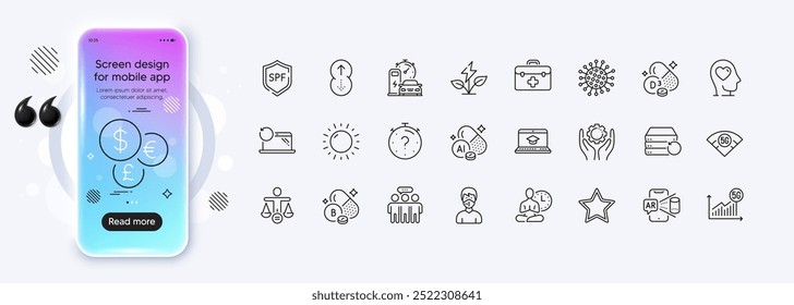 Coronavirus, First aid and Star line icons for web app. Phone mockup gradient screen. Pack of Swipe up, 5g wifi, Eco power pictogram icons. Vector