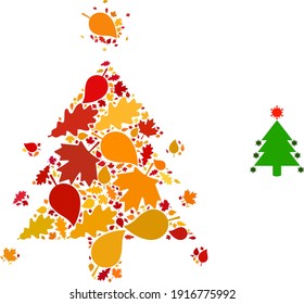 Coronavirus Fir-Tree mosaic icon created for fall season. Vector coronavirus fir-tree mosaic is shaped from scattered fall maple and oak leaves. Mosaic autumn leaves in bright gold,