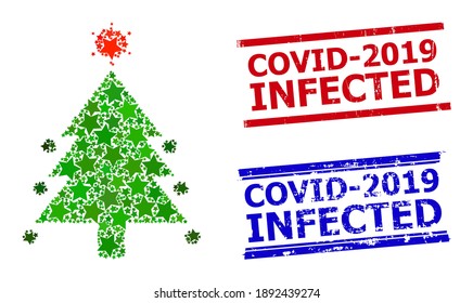 Coronavirus fir-tree star pattern and grunge Covid-2019 Infected seal stamps. Red and blue stamps with grunge style and Covid-2019 Infected word.