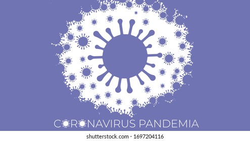 Coronavirus una célula plana al estilo caricatura rodeada de una pandemia nublada por virus, velo oscuro. Concepto de atención de la salud. Icono de signo del virus Corona. Icono médico.  Antecedentes infográficos de la pandemia del coronavirus.