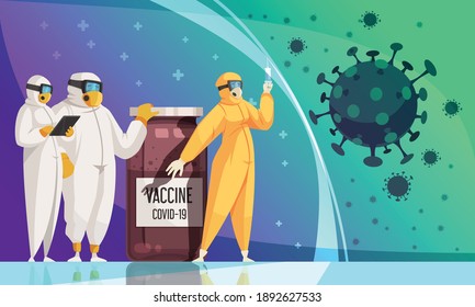Coronavirus flat color poster with medical staff in protective suits and big jar of vaccine vector illustration