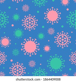 Coronavirus flache Farbe nahtlose Muster. Corona-Virus 2019-nCoV-Hintergrund mit Viren auf blauem Hintergrund. COVID-19 Pandemie-Drucktextur.Vektorgrafik