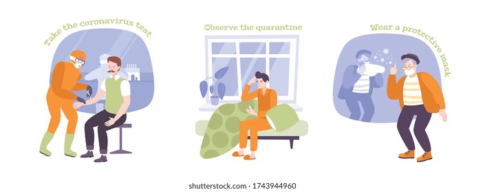 Composiciones planas de coronavirus conjunto de personas que dan sangre para análisis desgaste cuarentino observadas máscaras protectoras aisladas ilustración vectorial