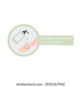 Icono de guía plana Coronavirus con sanitizador para ilustración de vector de manos