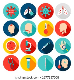 Coronavirus Flat Icons. Set of Circle Medical Items with Long Shadow.