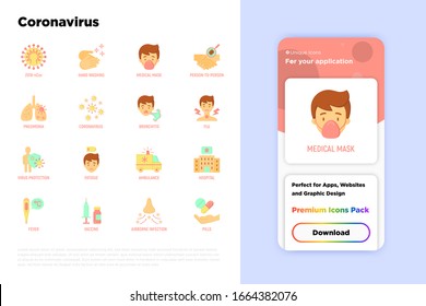 Coronavirus flat icons set. Symptoms and prevention: 2019-ncov, surgical mask, person-to person, hand washing, pneumonia, bronchitis, ambulance, hospital, fatigue, vaccine. Vector illustration.