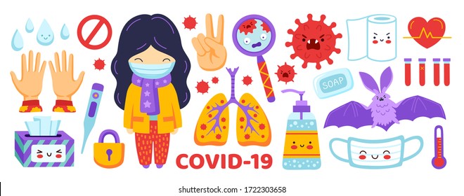 Coronavirus flat sticker set. Covid-19 elements collection. Girl in medical mask, sanitizer, lungs, thermometer, napkins, magnifier, toilet paper. Cartoon vector illustration. 