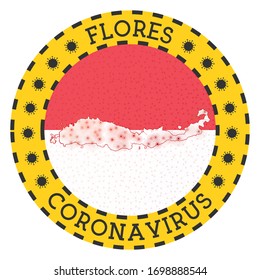 Coronavirus in Flores sign. Round badge with shape of Flores. Yellow island lockdown emblem with title and virus signs. Vector illustration.