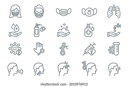 Coronavirus and Flu Linear Icon Set. Coronavirus Symptoms, Safety, Mask Protection, Prevention and Flu Disease Pictogram. Washing Hand and Sanitizer Icon. Editable stroke. Vector illustration.