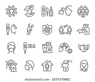 Coronavirus And Flu Updated Icon Set. Collection Of Simple Linear Web Icons Such Coronavirus Infection, Symptoms, Social Distance, Hand Washing, Coronavirus Test, Antiseptic, Mask, Temperature And