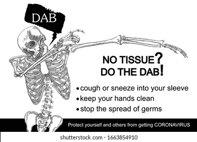 Coronavirus flyer. Human skeleton sneezing into the sleeve or hand. Novel coronavirus 2019-nCoV prevention sticker with text. Concept of pathogen outbreak prevention and personal safety. Vector.