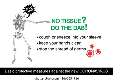 Coronavirus flyer. Human skeleton sneezing into the sleeve or hand. Novel coronavirus 2019-nCoV prevention sticker with text. Concept of pathogen outbreak prevention and personal safety. Vector.