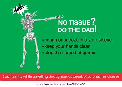 Coronavirus flyer. Human skeleton sneezing into the sleeve or hand. Novel coronavirus 2019-nCoV prevention sticker with text. Concept of pathogen outbreak prevention and personal safety. Vector.