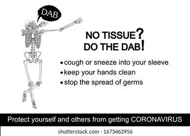 Coronavirus flyer. Human skeleton sneezing into the sleeve or hand. Novel coronavirus 2019-nCoV prevention sticker with text. Concept of pathogen outbreak prevention and personal safety. Vector.