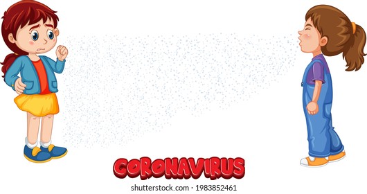 Coronavirus font in cartoon style with a girl look at her friend sneezing isolated on white background illustration