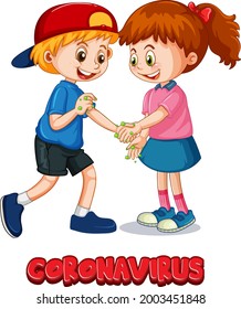 Coronavirus font in cartoon style with two kids do not keep social distance isolated on white background illustration