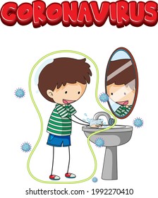 Coronavirus font design with a boy washing his hands on white background illustration