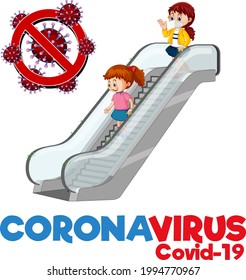 Coronavirus font design with kids using escalator isolated on white background illustration