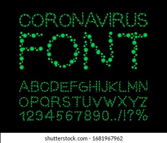 Coronavirus font. Pandemic 2019-ncov letters. Virus sign. Bacteria ABC. Global epidemic disease font
