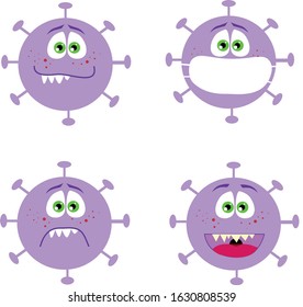 

coronavirus four different emotions. Coronovirus in the mask. Coronovirus smiles, sad, sick.