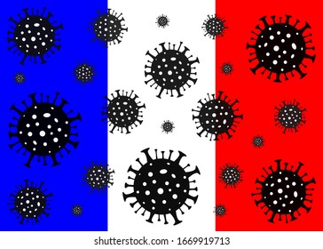 Coronavirus in France. Coronavirus danger. Novel coronavirus (2019-nCoV), Abstract virus strain model. Coronavirus on the background of the flag of France