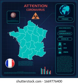 Coronavirus in France. Graphic statistics spread coronavirus wiht icons and numbers. Wuhan virus 2019-nCoV on map France. Template for addition statistics flu outbreak. Information banner for news.