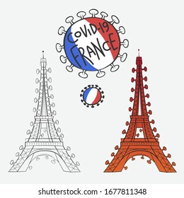 Coronavirus in France vector illustration with the bacteria, flag and Eiffel tower covered with covid-19, pandemia in Europe