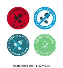 Coronavirus free icon set. Round symbols for disinfected areas, surfaces or products of covid-19.