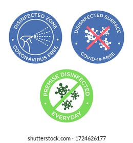 Coronavirus free icon set. Round symbols for disinfected areas, surfaces or products of covid-19.