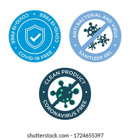 Coronavirus free icon set. Round symbols for disinfected areas, surfaces or products of covid-19.