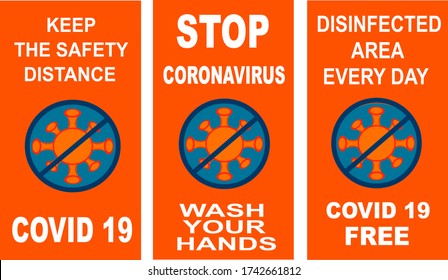 Coronavirus free zone sticker. Quarantine covid 19. Wash your hands, no handshakes, keep your distance. Design Banner, Template or Flyer.