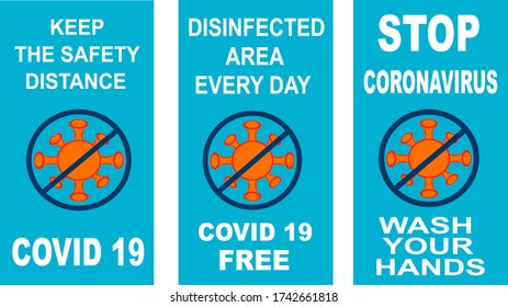 Coronavirus free zone sticker. Quarantine covid 19. Wash your hands, no handshakes, keep your distance. Design Banner, Template or Flyer.