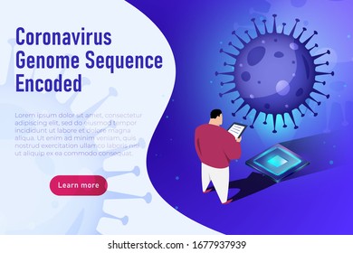 Coronavirus Genome Sequence Encoded. Science themed covid 19 illustration, scientist decrypts the SARS CoV 2 genome sequence