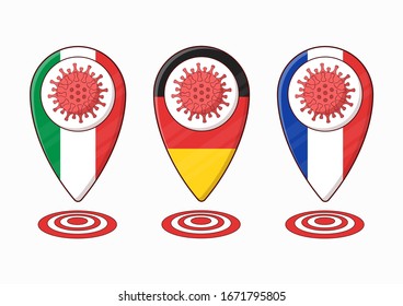 Coronavirus geolocation warning sign with country flags. The outbreak of covid-19 2019-nkov in europe. Vector illustration.