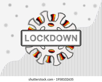 Coronavirus with the German flag in spikes. Illustration of the Covid-19 pandemic in Germany. Word Lockdown on a sign. Pencil-drawn virus against the backdrop of covid-19 statistics of total cases.