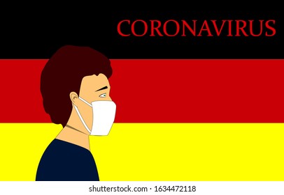 Coronavirus in German. Novel coronavirus (2019-nCoV). German man in a white disposable face mask. on the background of the German flag. coronavirus outbreak and quarantine concept.