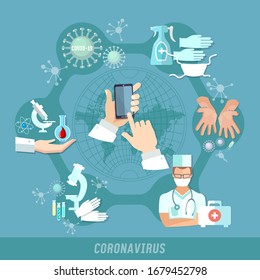 Coronavirus global concept. Hot phone line. Doctor, hygiene, testing of infected, disease prevention. Stay at home. Self-isolation. COVID-19 (SARS-CoV-2). Vector illustration 