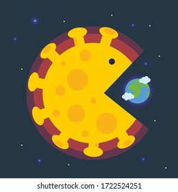 Coronavirus global impact on the world. Giant corona virus cell swallows planet Earth. Covid worldwide pandemic and all over the world crisis concept.Vector illustration flat style