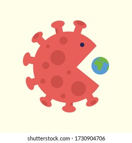 Coronavirus global impact on the world. Giant corona virus cell swallows planet Earth. Covid worldwide pandemic and all over the world crisis concept.Vector illustration flat style