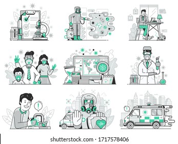 Coronavirus global pandemic UI illustrations with respiratory virus spread map, covid prevention and protection tips, vaccine research, quarantine and disinfection concepts. Epidemic infection icons.