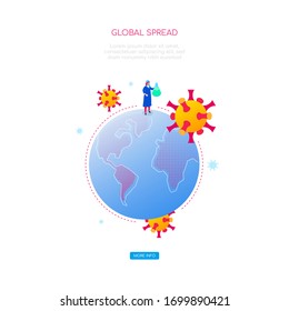 Coronavirus Global Spread - Colorful Isometric Web Banner With Copy Space For Text. An Illustration With A Globe, Doctor In Protective Wear Holding A Flask. Medical Research, Viral Shedding Theme