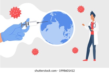 Globale Koronavirus-Impfung, beenden Sie das weltweite virale Infektionskonzept, Vektorgrafik. Cartoon-Arzt, der eine Impfdosis in einer Spritze hält, und Nadel auf afrikanischen Hintergrund