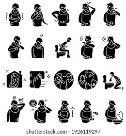 Coronavirus glyph icons set.Protective measures.Flu disease symptoms and preventions.Health care.Filled flat signs. Isolated silhouette vector illustrations