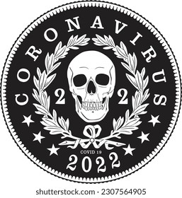 Coronavirus gold coin with skull vector design silhouette