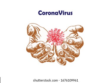 Coronavirus, grafische Skizze von Händen, die Viren einzeln auf Weiß halten, Vektormuster für Typografie und Design