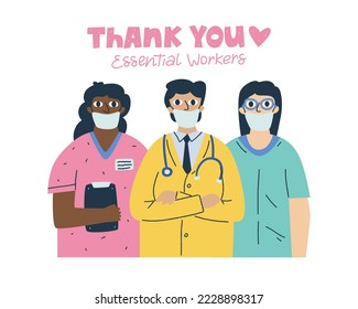 Coronavirus. Group of doctors. Medical team vector isolated illustration. Essential workers. Virus fighters brigade. Male, female medic.