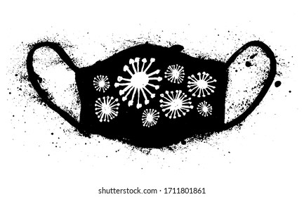 Coronavirus grunge illustration icon on protective medical mask for Health care illustration. NCOV in world concept. Grunge hand-drawn doctor mask protection with Covid-19 symbol and splashes