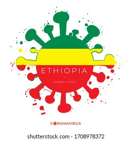 Coronavirus in grunge style with color splashes and national flag : Ethiopia : Vector Illustration