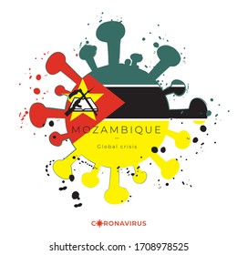 Coronavirus in grunge style with color splashes and national flag : Mozambique : Vector Illustration