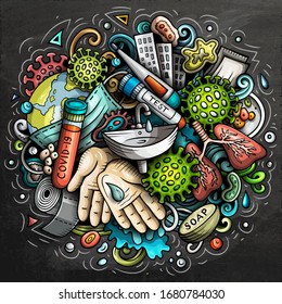 Coronavirus hand drawn cartoon doodles illustration. Creative art vector background with quarantine elements and objects. Colorful chalkboard composition